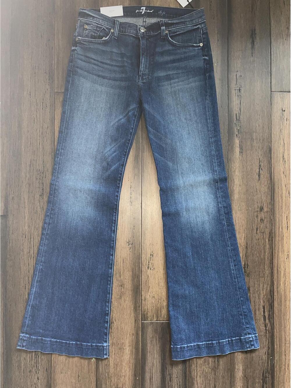 7 For All Mankind Blue Denim Dojo Jeans Mid Rise Tailorless Flared Sz 31 NWT